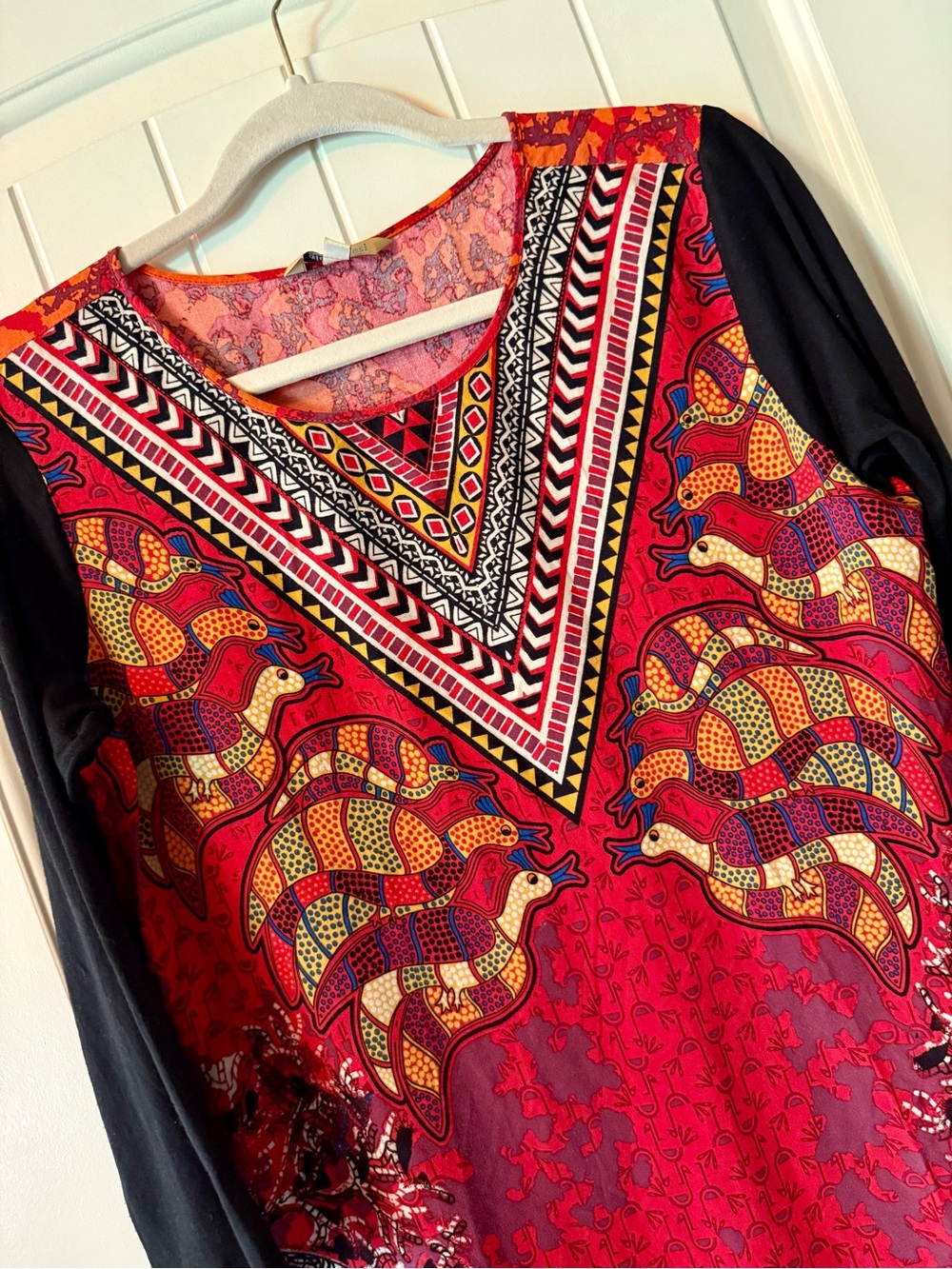 Global Desi Red and Black Boho Chic V-Neck Tunic Dress